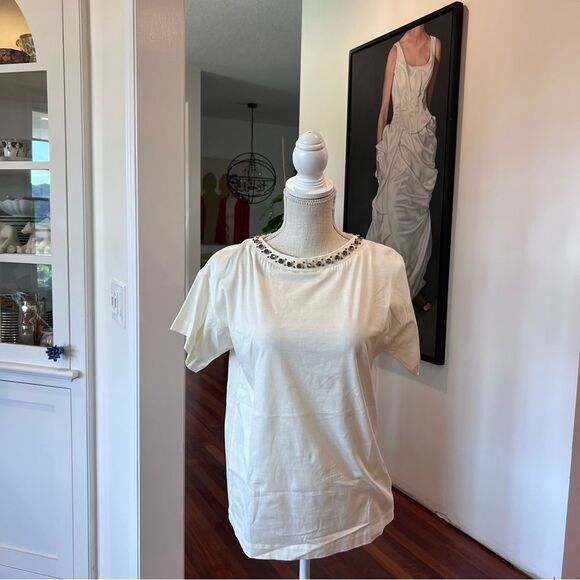 Moncler Cream Short Sleeve Top with Embellished Neckline - Picture 1 of 6